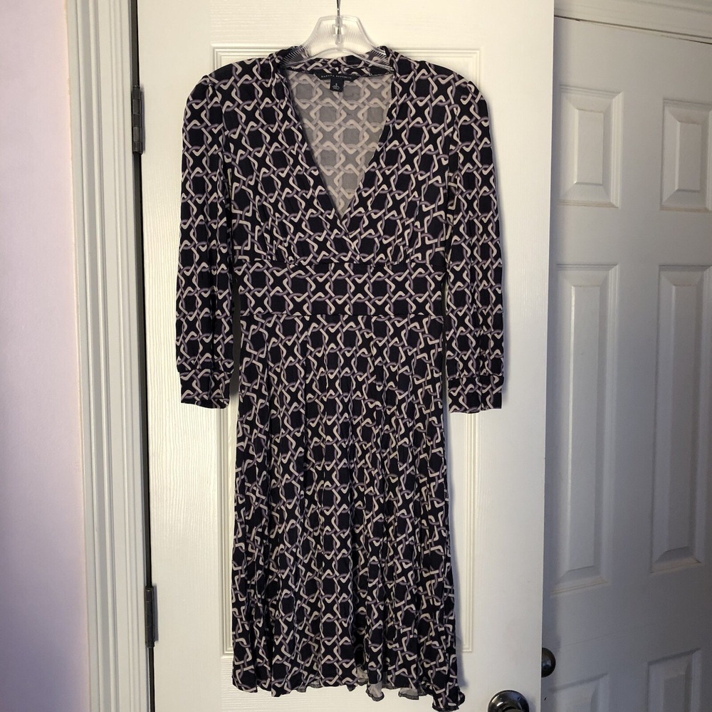 Banana Republic Silk Blend Faux Wrap Dress Navy Geometric Chain Link Small